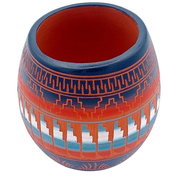 Handmade Navajo Handpainted & Etched Pottery Vase Or Candle Holder Signed E.B. W - Picture 6 of 8